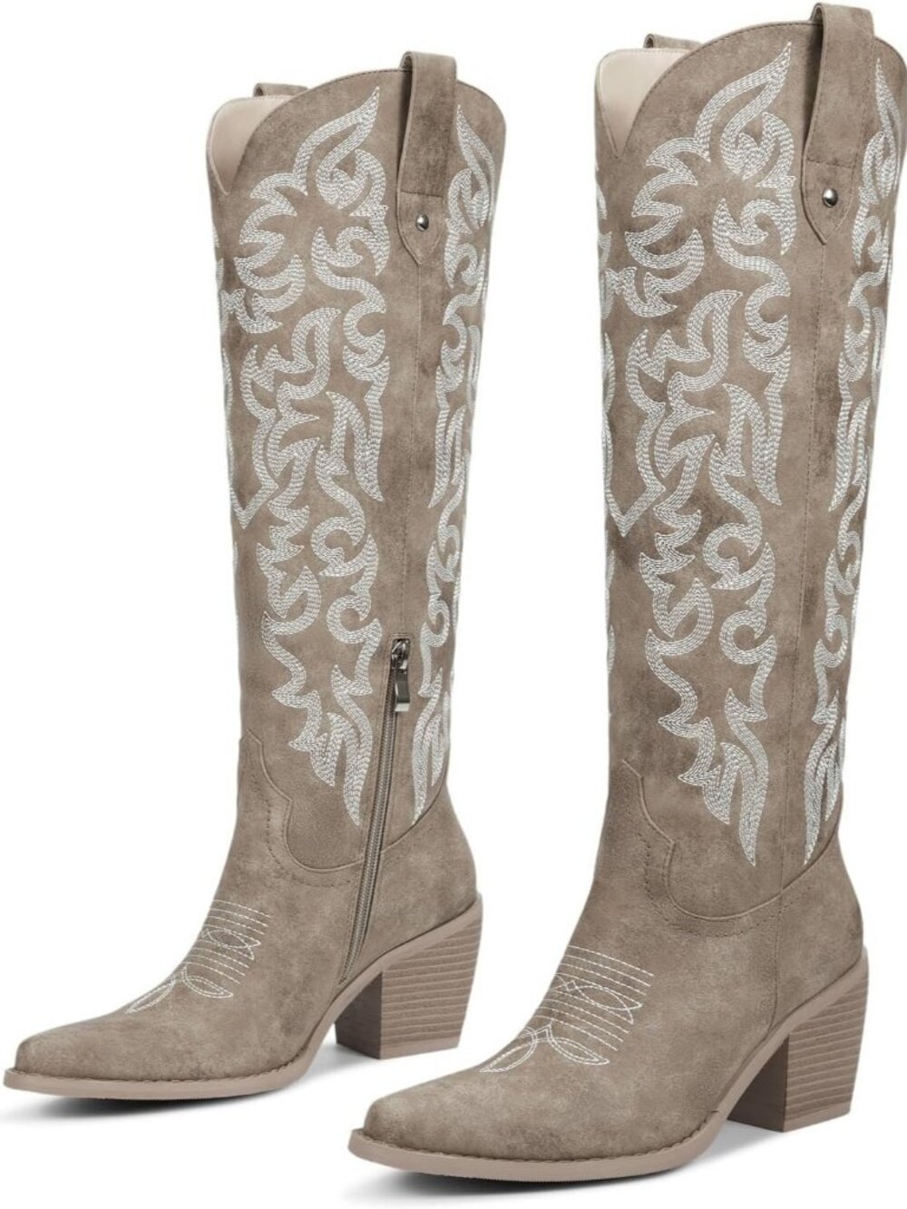 Women's Khaki Knee High Western Cowboy Boots with Embroidered Pointed Toe